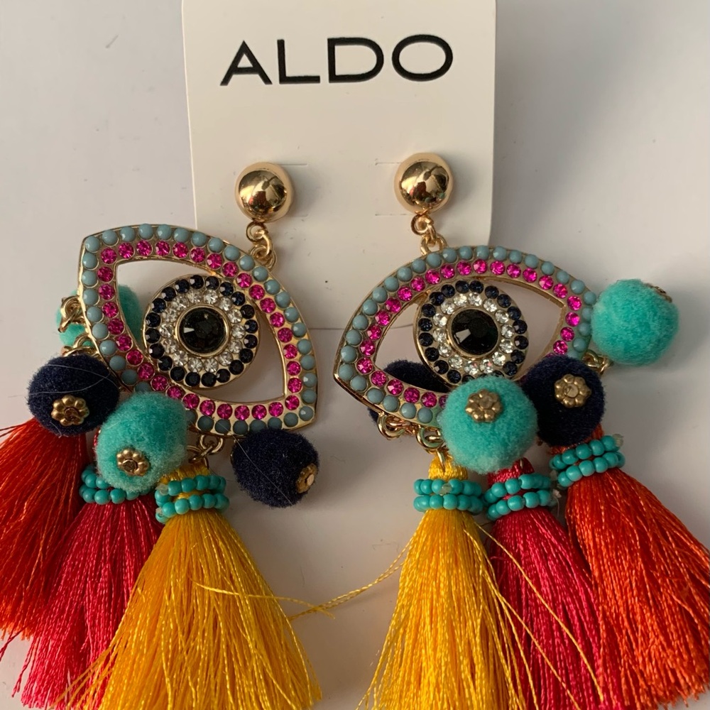 Aldo Multicolour Eye Tassel Statement Earrings Turquoise Red Yellow Pink Black